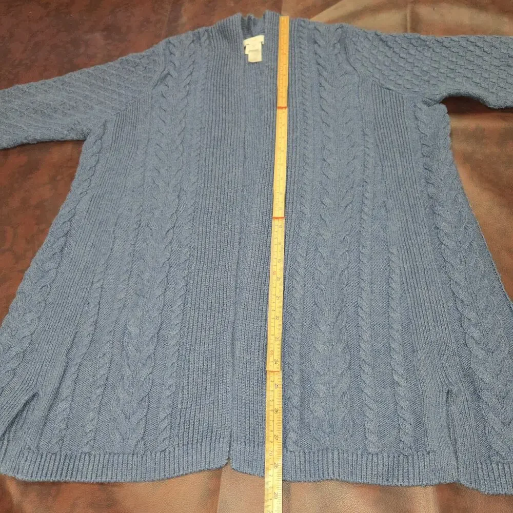 J Jill M Petite Open Front Cable Knit Cardigan Sweater Blue Chunky Knit‎ Classic